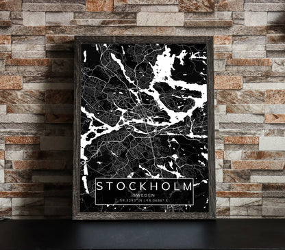 Black and white map print of Stockholm, Sweden. The dark background highlights the city's street layout and landmarks, with coordinates listed beneath the city name.