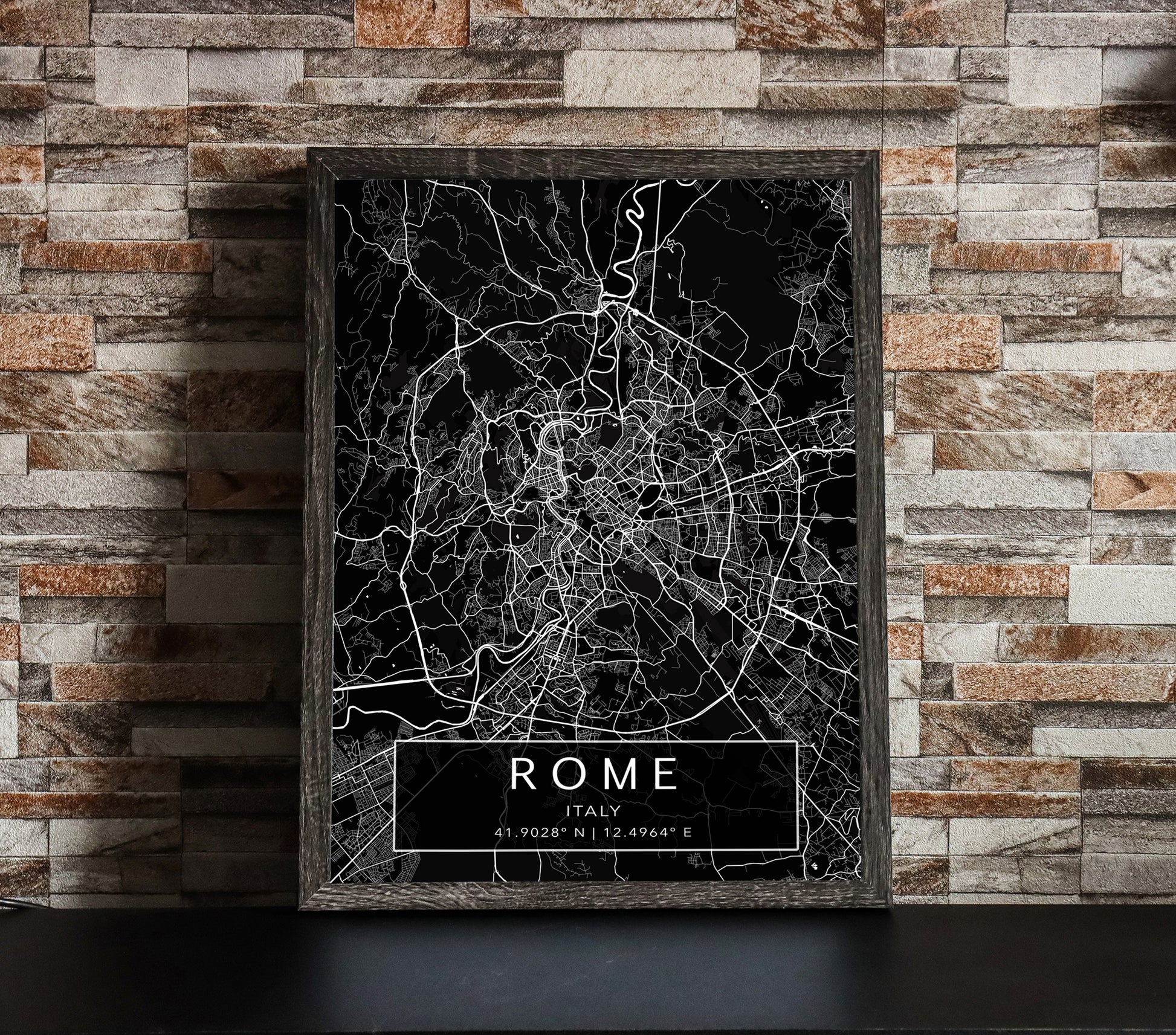 Black and white map print of Rome, Italy. The dark background highlights the city's street layout and landmarks, with coordinates listed beneath the city name.