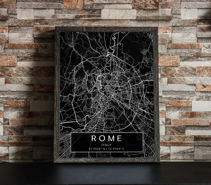 Black and white map print of Rome, Italy. The dark background highlights the city's street layout and landmarks, with coordinates listed beneath the city name.