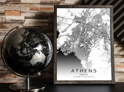 Black and white map print of Athens, Greece. The map displays intricate city streets and geographical details, with coordinates listed beneath the city name