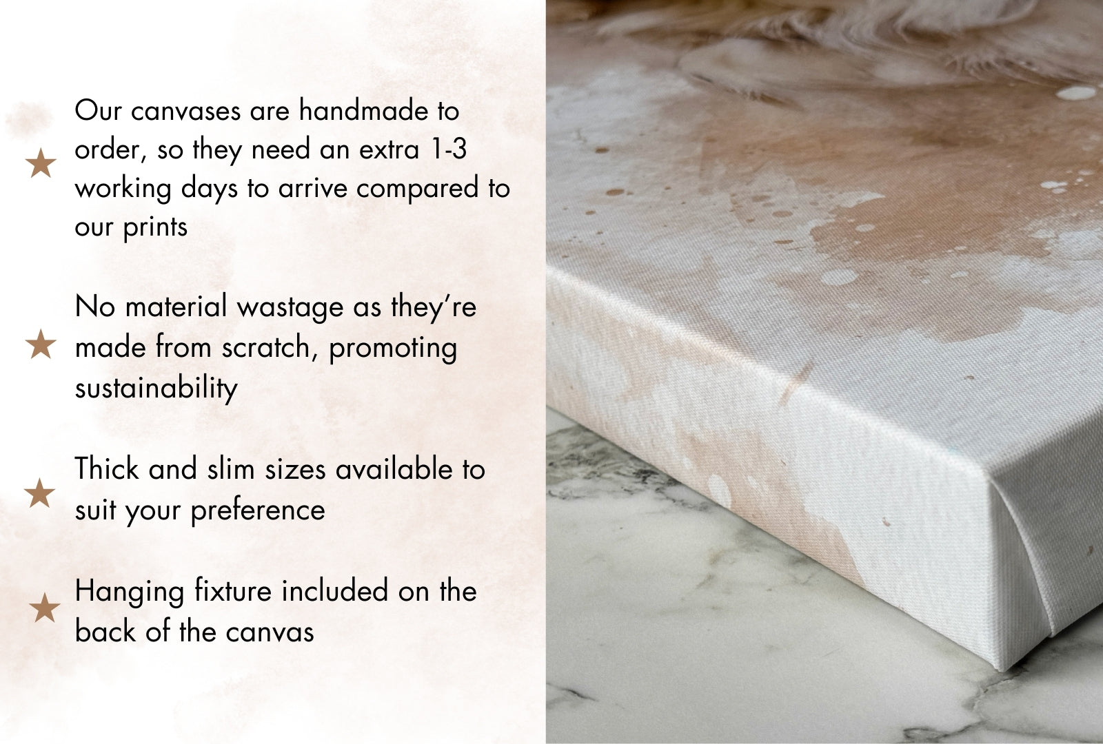 Canvas product description with an image of a handmade canvas corner. The text highlights key points about the canvas: handmade to order with 1-3 extra working days for delivery, sustainable with no material wastage, available in thick and slim sizes, and comes with a hanging fixture on the back.