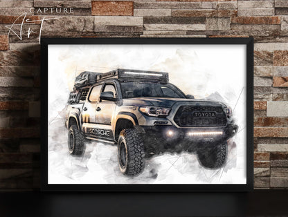 A custom framed watercolor sketch print of a 4x4 car, displayed on a white background.