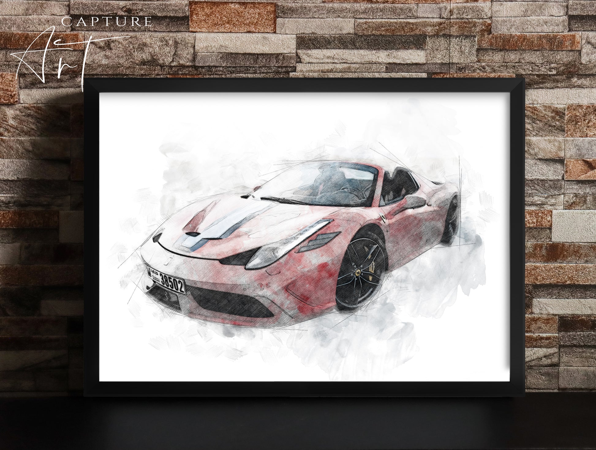 A custom framed watercolor sketch print of a red sports car, displayed on a white background.