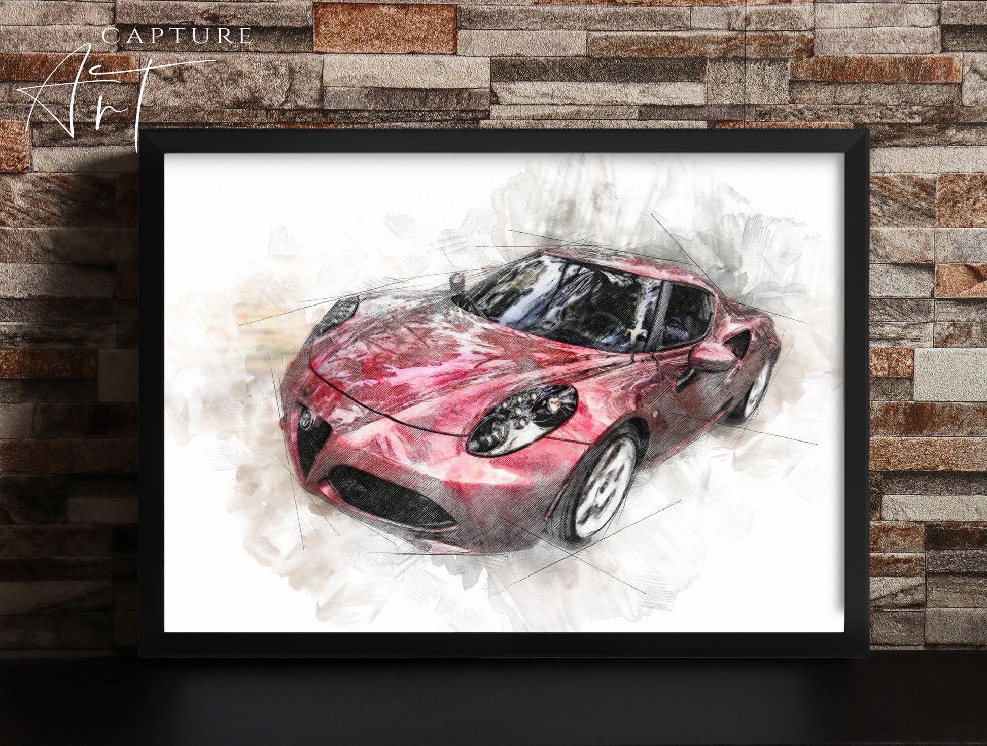 A custom framed watercolor sketch print of a red car, displayed on a white background.