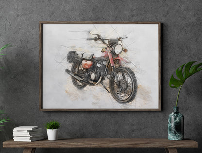 A custom framed watercolor sketch print of a red and white motorcycle, displayed on a white background.