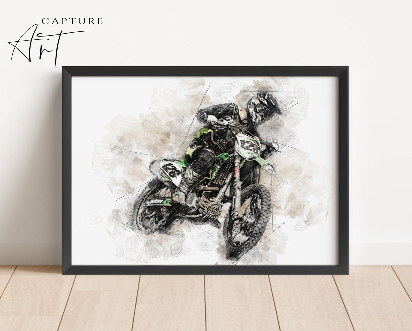 A custom framed watercolor sketch print of a motorcyclist on a motorbike, displayed on a white background.