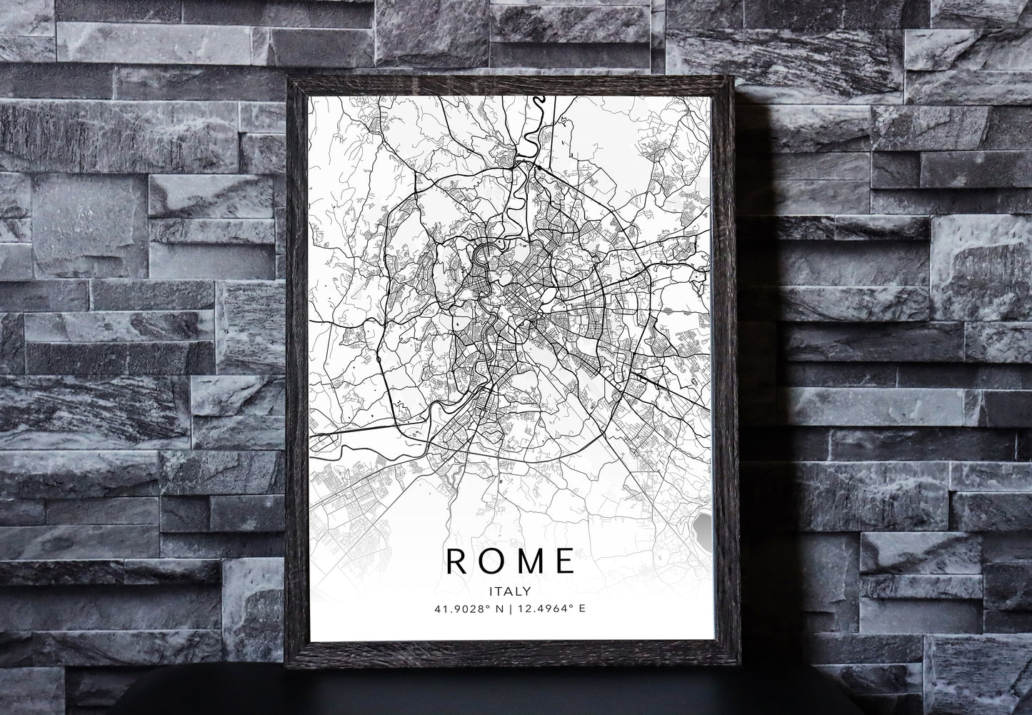 Black and white map print of Rome, Italy. The map displays intricate city streets and geographical details, with coordinates listed beneath the city name