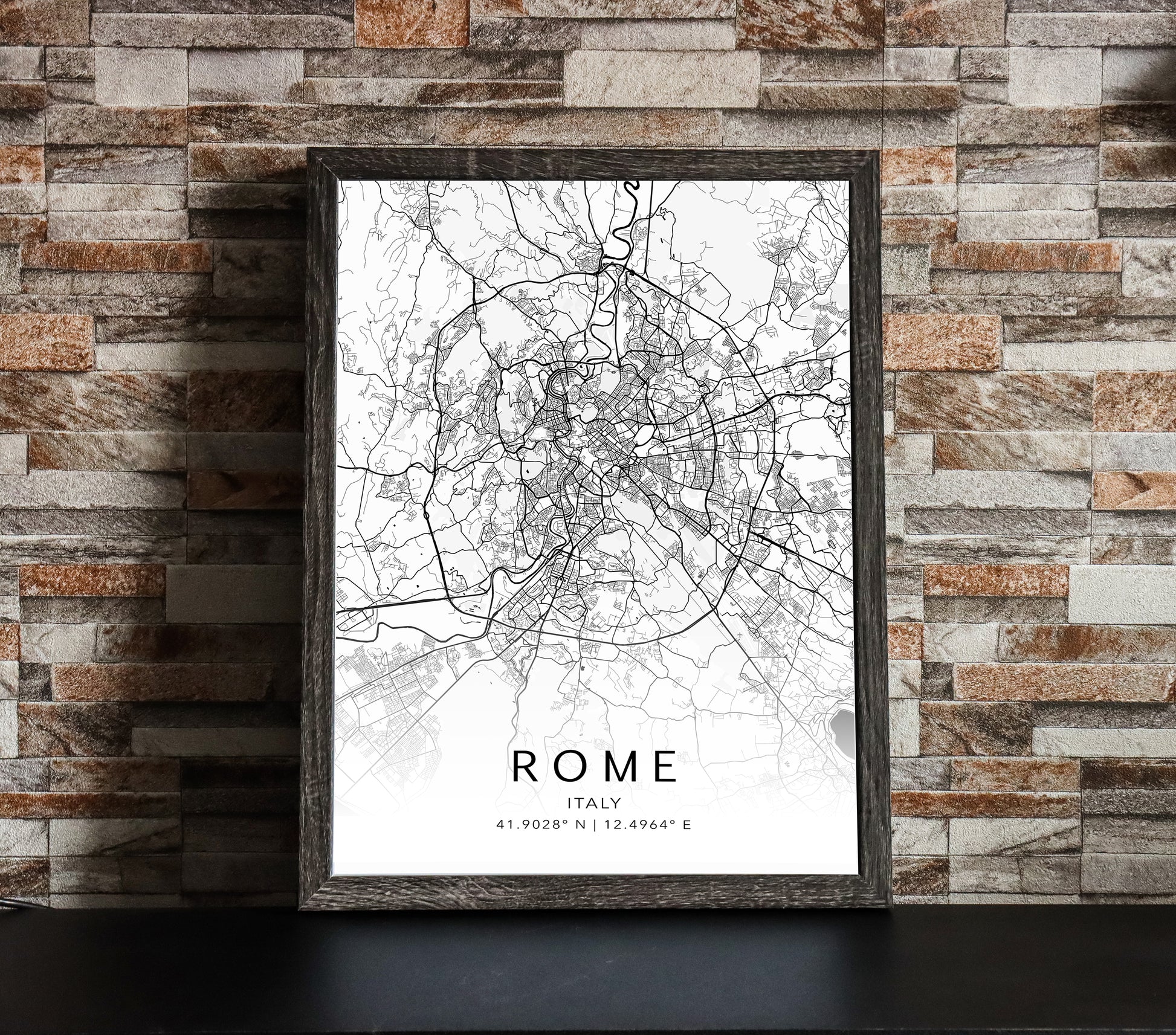 Black and white map print of Rome, Italy. The map displays intricate city streets and geographical details, with coordinates listed beneath the city name