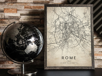 Vintage rustic map print of Rome, Italy. The map displays intricate city streets and geographical details, with coordinates listed beneath the city name.