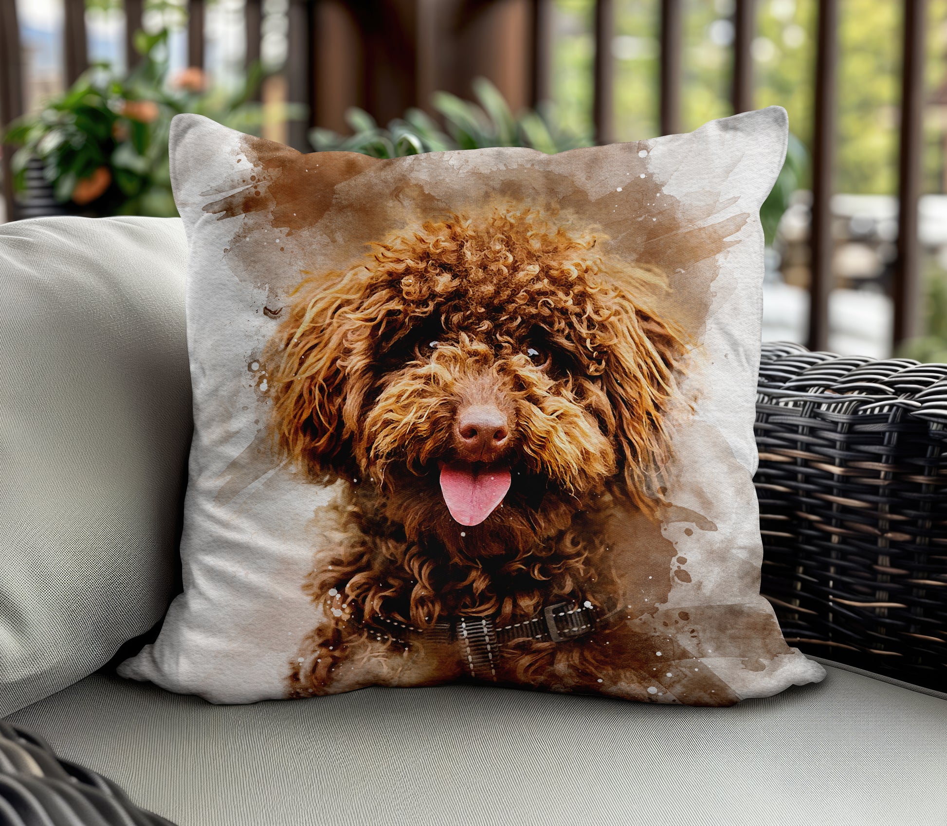 A decorative pillow placed on a wicker chair, featuring a lifelike watercolor-style portrait of a curly-haired brown dog with a joyful expression. The dog has shaggy fur and is looking directly at the camera, tongue sticking out, creating a friendly and playful atmosphere.