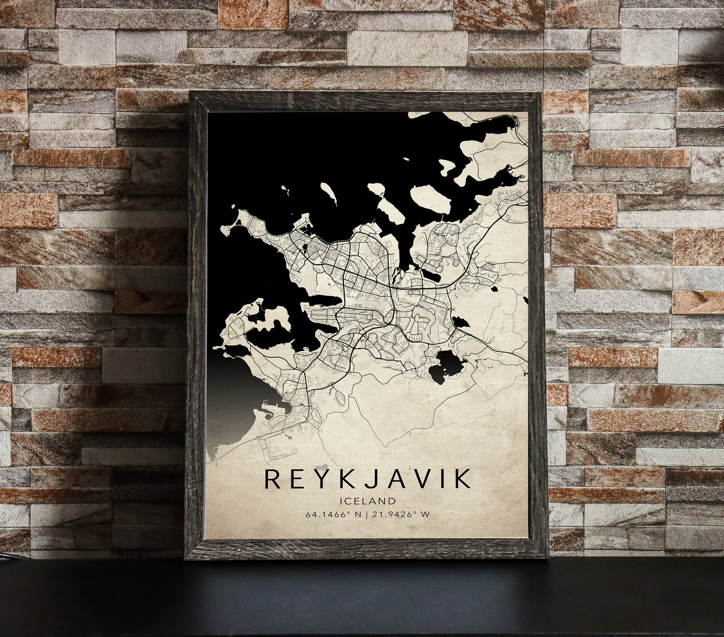 Vintage rustic map print of Reykjavik, Iceland. The map displays intricate city streets and geographical details, with coordinates listed beneath the city name.