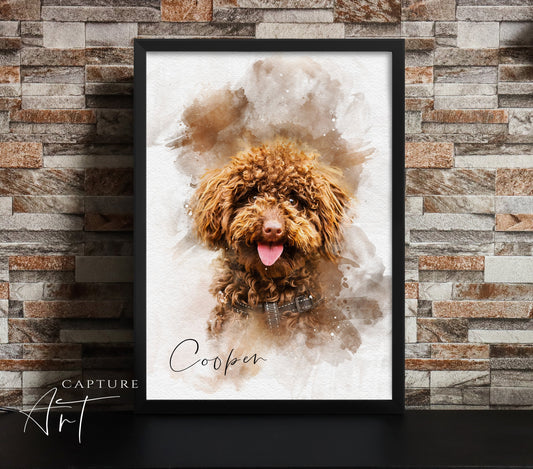 A framed watercolor-style portrait of a curly-haired brown dog named "Cooper" with its name written in cursive below the image. The dog is happily panting, and the portrait is against a textured background with a mix of warm earthy tones. The frame is placed against a brick wall, adding a modern touch to the artwork.